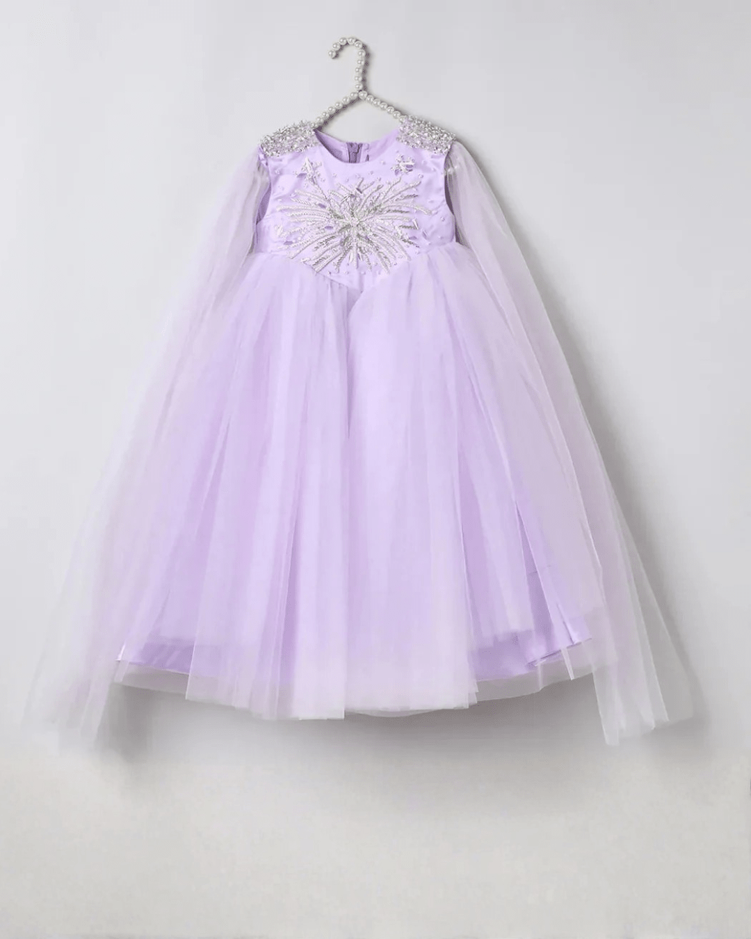 Lavender Tulle Girls Party Gown with Metallic Embroidery & Detachable Sleeves - BYB PREMIUM