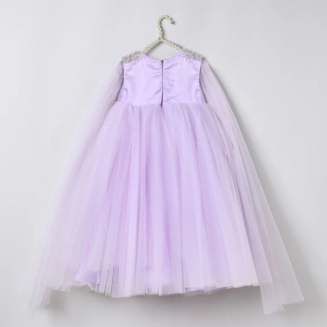 Lavender Tulle Girls Party Gown with Metallic Embroidery & Detachable Sleeves - BYB PREMIUM
