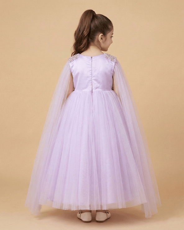 Lavender Tulle Girls Party Gown with Metallic Embroidery & Detachable Sleeves - BYB PREMIUM