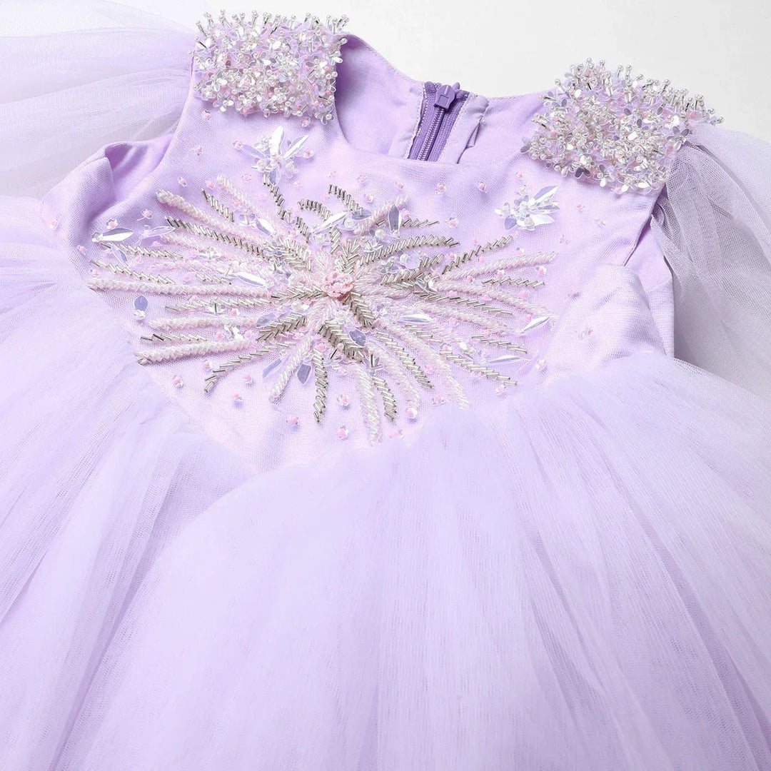 Lavender Tulle Girls Party Gown with Metallic Embroidery & Detachable Sleeves - BYB PREMIUM