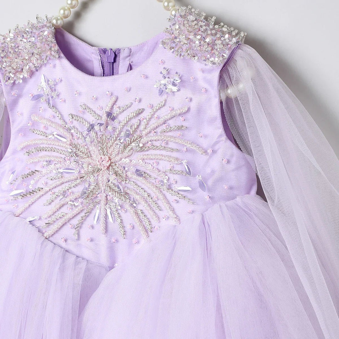 Lavender Tulle Girls Party Gown with Metallic Embroidery & Detachable Sleeves - BYB PREMIUM
