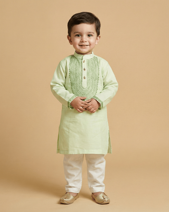 Light Green Chanderi Silk Kurta & Off-White Cotton Pyjama Set for Boys - BYB PREMIUM