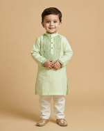 Load image into Gallery viewer, Light Green Chanderi Silk Kurta &amp; Off-White Cotton Pyjama Set for Boys - BYB PREMIUM
