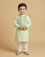 Light Green Chanderi Silk Kurta & Off-White Cotton Pyjama Set for Boys - BYB PREMIUM