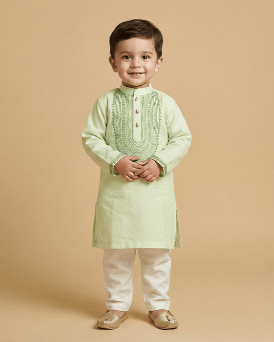 Light Green Chanderi Silk Kurta & Off-White Cotton Pyjama Set for Boys - BYB PREMIUM