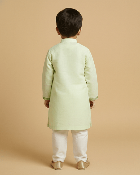 Light Green Chanderi Silk Kurta & Off-White Cotton Pyjama Set for Boys - BYB PREMIUM