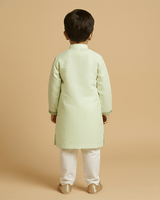 Light Green Chanderi Silk Kurta & Off-White Cotton Pyjama Set for Boys - BYB PREMIUM