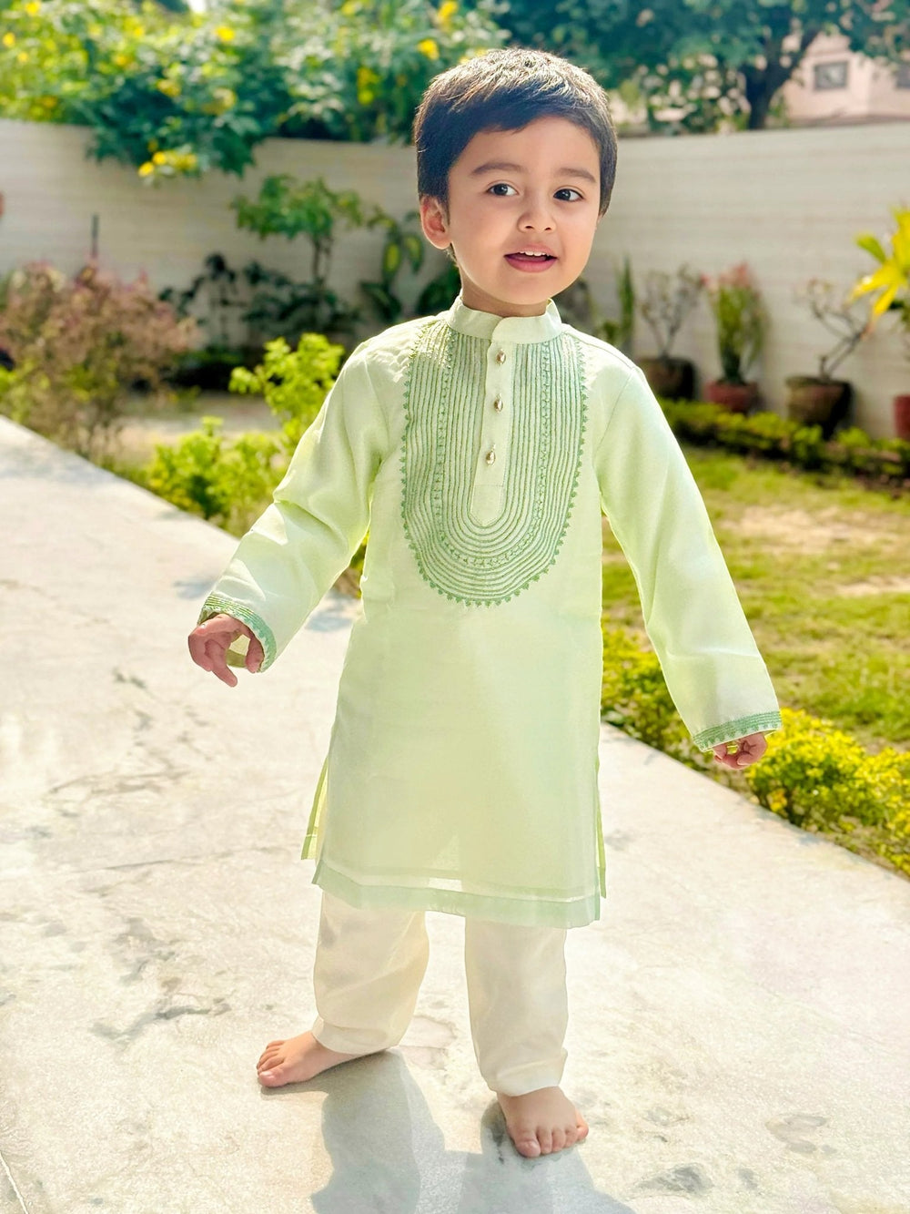 Light Green Chanderi Silk Kurta & Off-White Cotton Pyjama Set for Boys - BYB PREMIUM