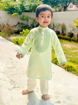Light Green Chanderi Silk Kurta & Off-White Cotton Pyjama Set for Boys - BYB PREMIUM