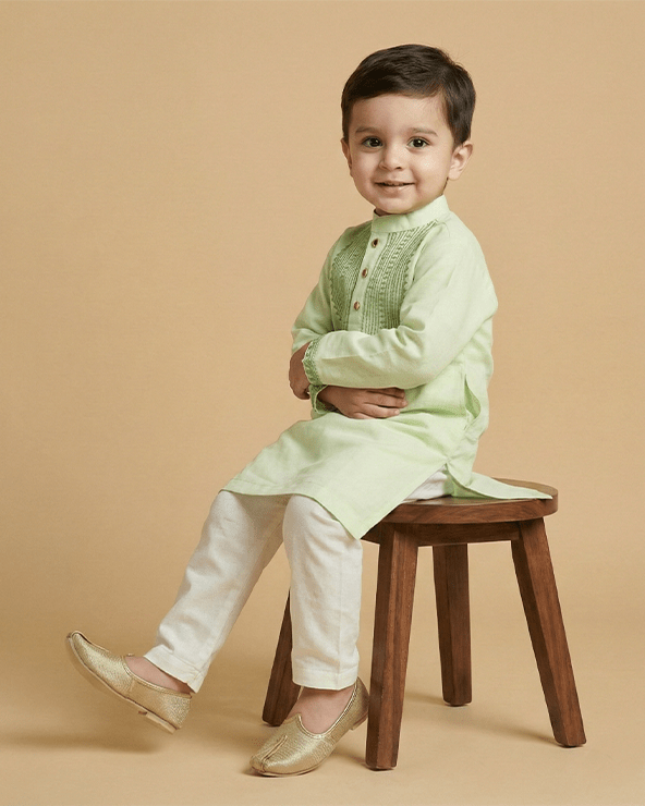 Light Green Chanderi Silk Kurta & Off-White Cotton Pyjama Set for Boys - BYB PREMIUM