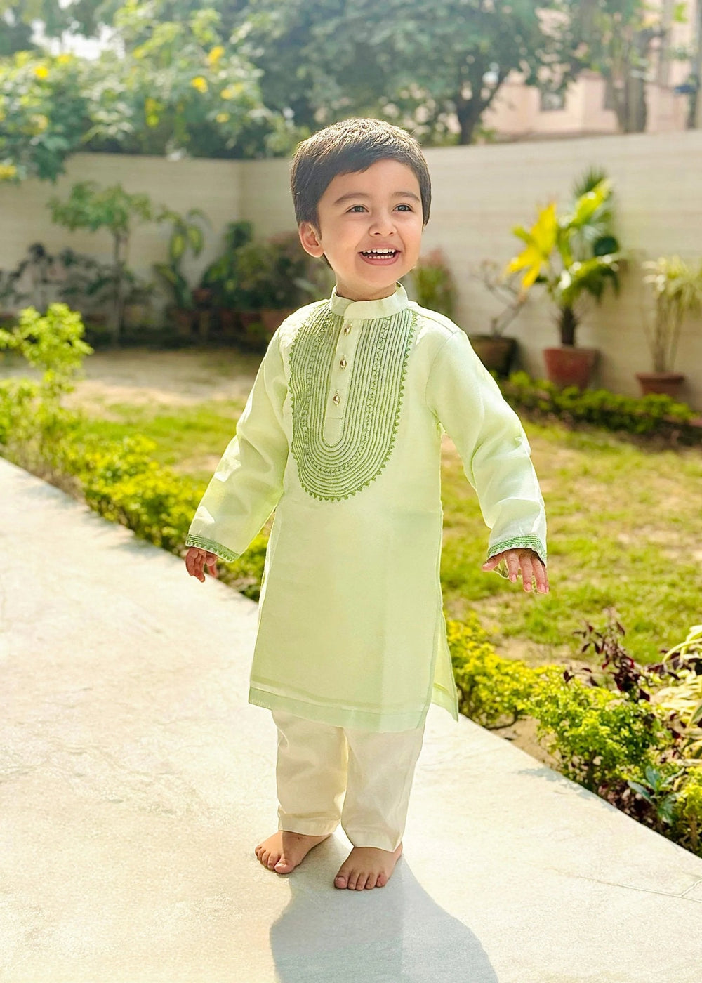 Light Green Chanderi Silk Kurta & Off-White Cotton Pyjama Set for Boys - BYB PREMIUM