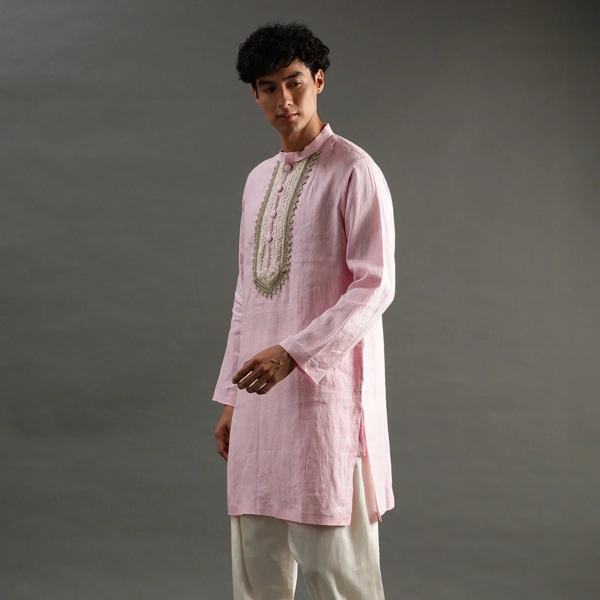 Light pink linen kurta pyjama set with hand embroidery   byb premium