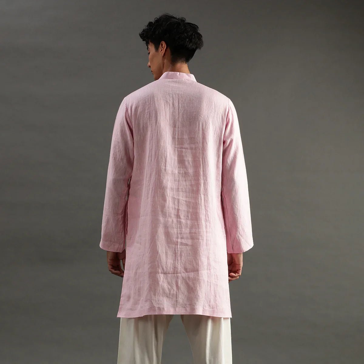 Light pink linen kurta pyjama set with hand embroidery   byb premium