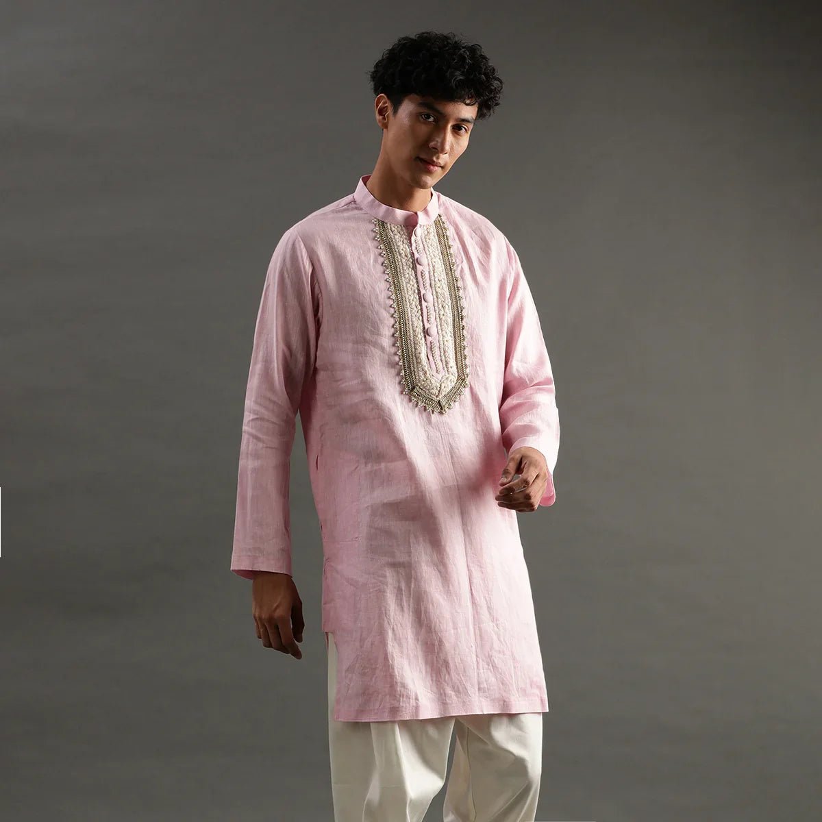Light pink linen kurta pyjama set with hand embroidery   byb premium