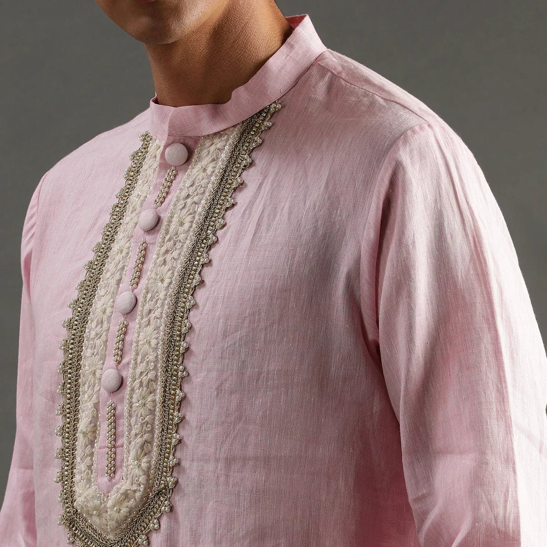 Light Pink Linen Kurta Pyjama Set with Hand Embroidery - BYB PREMIUM