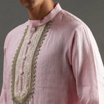 Load image into Gallery viewer, Light Pink Linen Kurta Pyjama Set with Hand Embroidery - BYB PREMIUM
