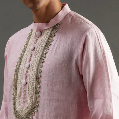 Light Pink Linen Kurta Pyjama Set with Hand Embroidery - BYB PREMIUM