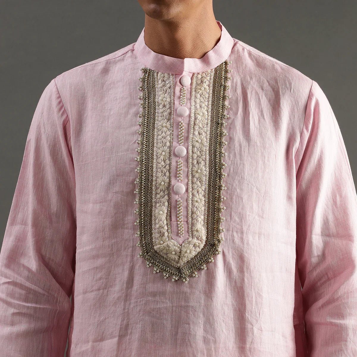 Light pink linen kurta pyjama set with hand embroidery   byb premium