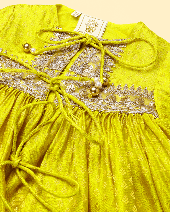 Lime Yellow Banarasi Silk Kurti Dhoti Set for Girls - BYB PREMIUM