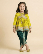 Load image into Gallery viewer, Lime Yellow Banarasi Silk Kurti Dhoti Set for Girls - BYB PREMIUM
