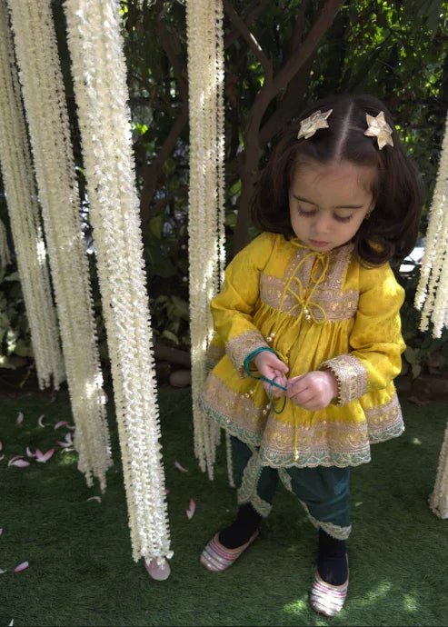 Lime Yellow Banarasi Silk Kurti Dhoti Set for Girls - BYB PREMIUM