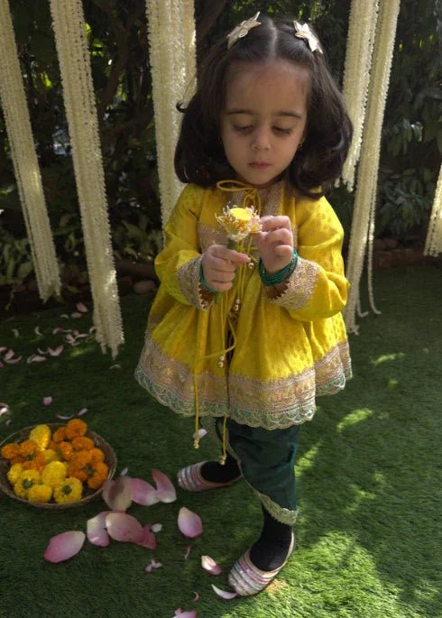 Lime Yellow Banarasi Silk Kurti Dhoti Set for Girls - BYB PREMIUM