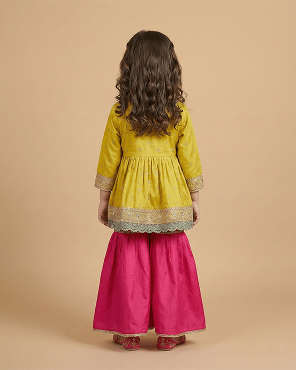 Lime Yellow Banarasi Silk Kurti Sharara Set for Girls with Cotton Lining - BYB PREMIUM