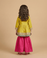 Lime Yellow Banarasi Silk Kurti Sharara Set for Girls with Cotton Lining - BYB PREMIUM