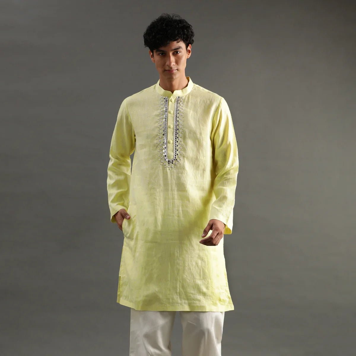 Lime yellow linen kurta pyjama set for men   byb premium
