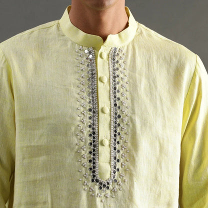 Lime Yellow Linen Kurta Pyjama Set for Men - BYB PREMIUM