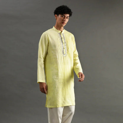 Lime Yellow Linen Kurta Pyjama Set for Men - BYB PREMIUM