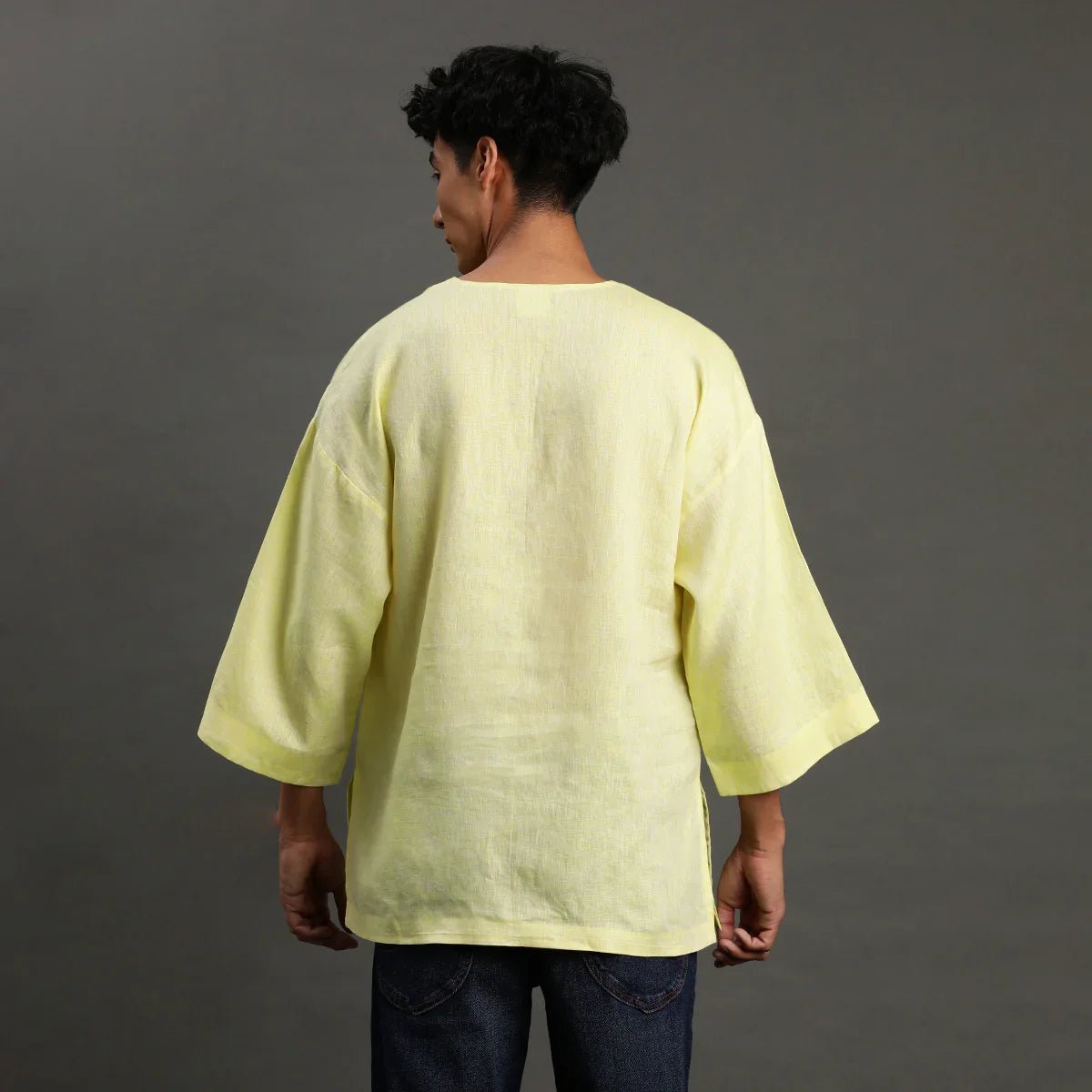 Lime yellow linen short kurta   byb premium