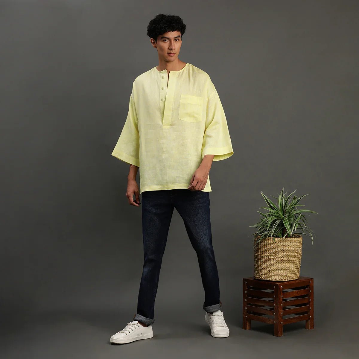 Lime yellow linen short kurta   byb premium