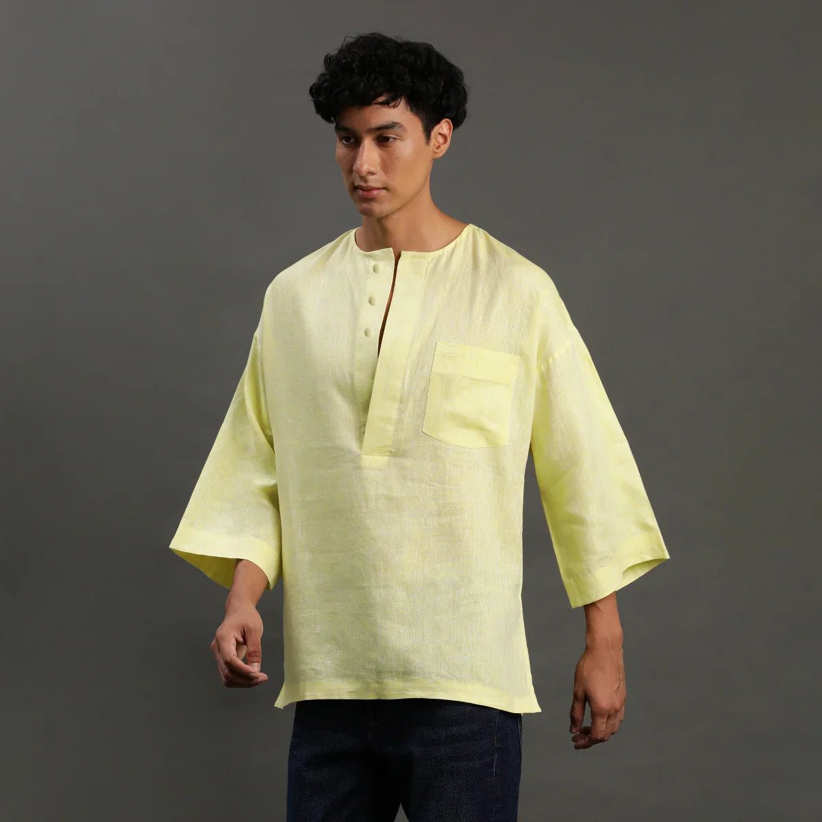 Lime yellow linen short kurta   byb premium