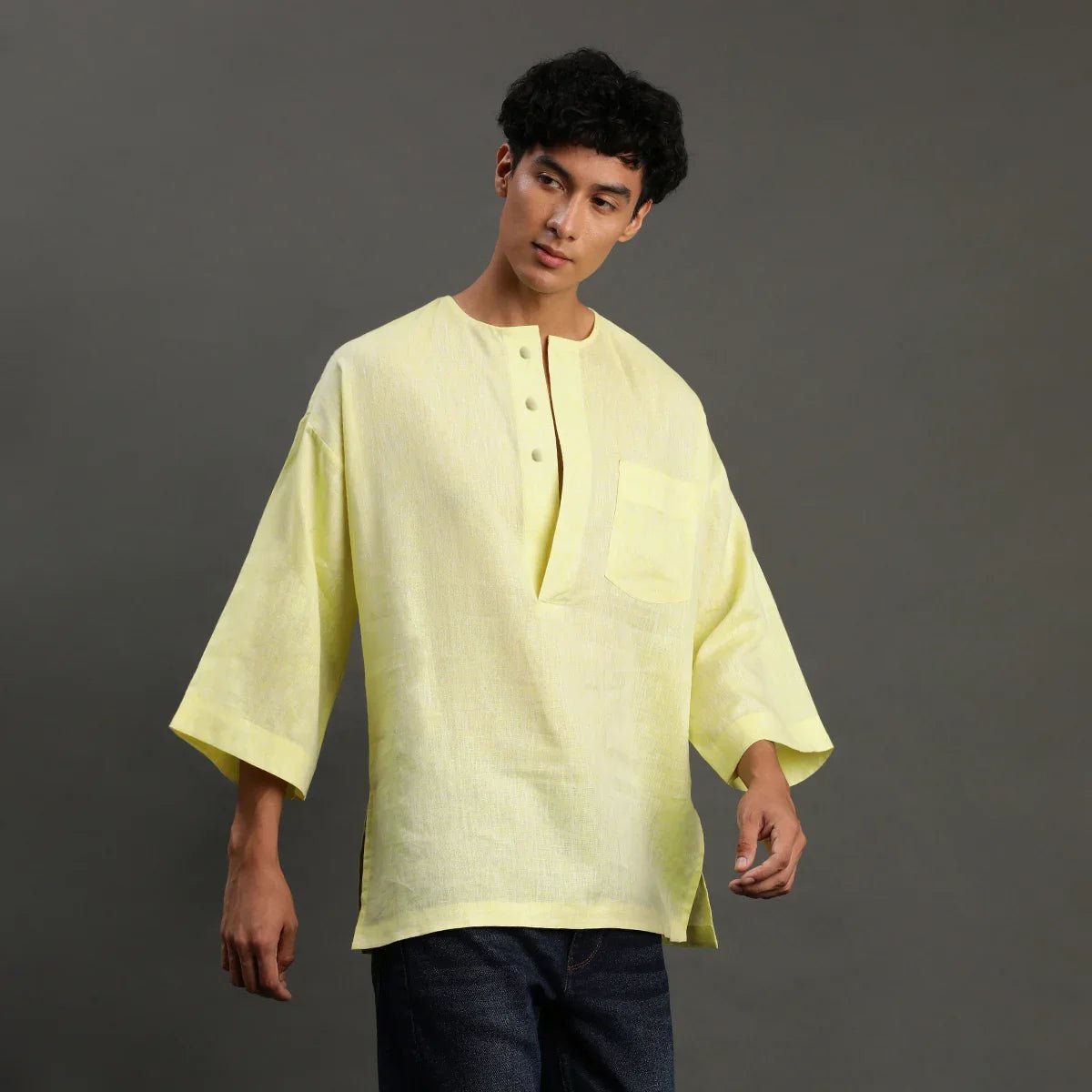 Lime yellow linen short kurta   byb premium