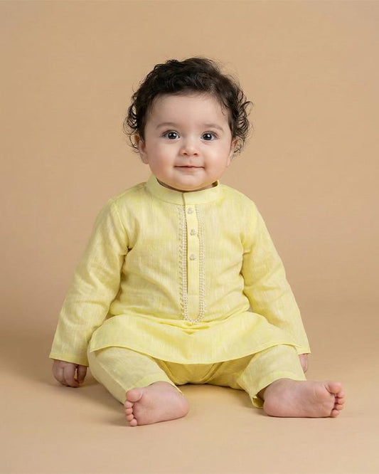 Lime Yellow Pure Linen Short Kurta Pajama Set for Babies - BYB PREMIUM