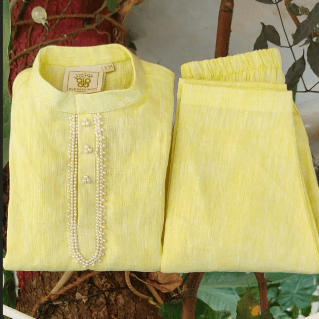 Lime Yellow Pure Linen Short Kurta Pajama Set for Babies - BYB PREMIUM