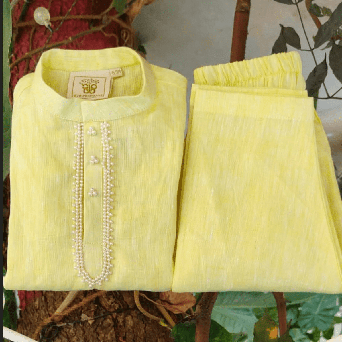 Lime yellow pure linen short kurta pajama set for babies   byb premium