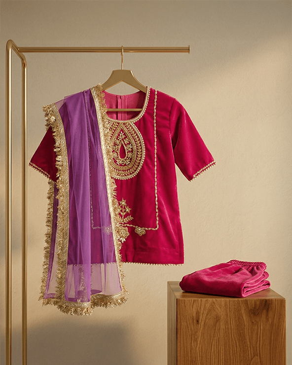 Magenta Pink Velvet Kurta Salwar Set for Girls with Dupatta - BYB PREMIUM
