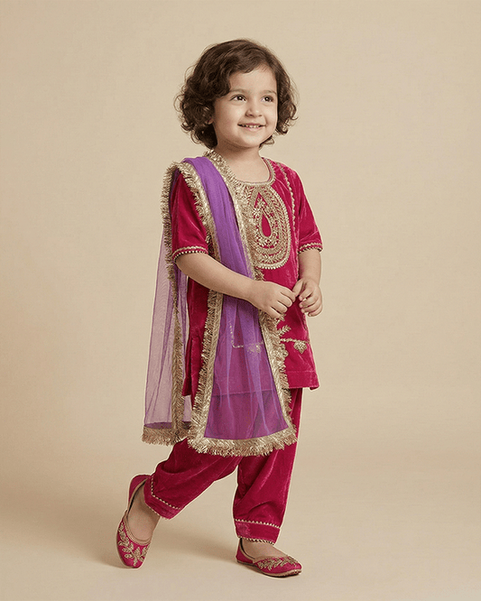 Magenta Pink Velvet Kurta Salwar Set for Girls with Dupatta - BYB PREMIUM