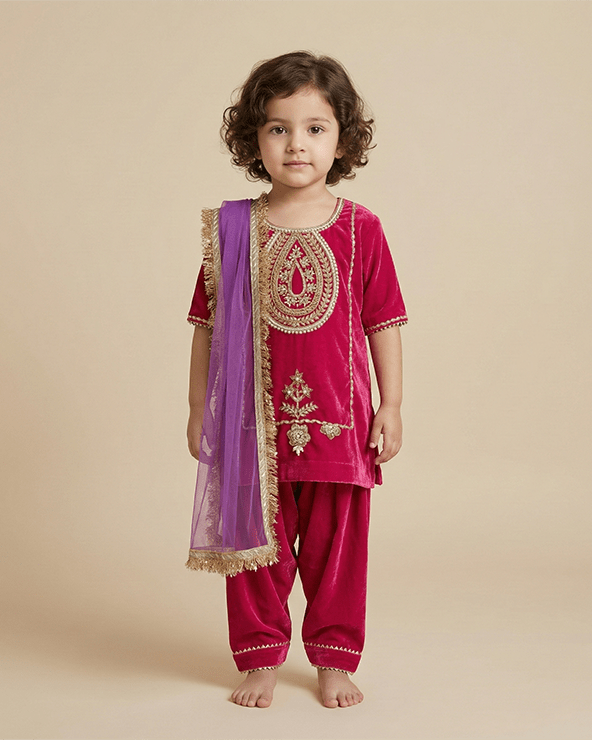 Magenta Pink Velvet Kurta Salwar Set for Girls with Dupatta - BYB PREMIUM
