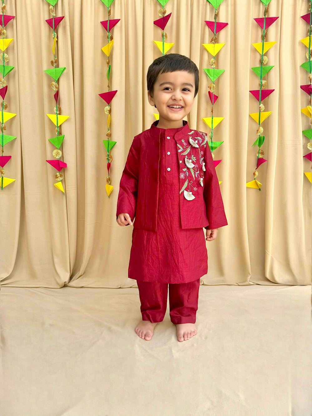 Maroon Dola Silk Kurta Pyjama Set for Boys with Embroidered Bandi - BYB PREMIUM