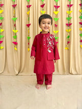 Maroon Dola Silk Kurta Pyjama Set for Boys with Embroidered Bandi - BYB PREMIUM