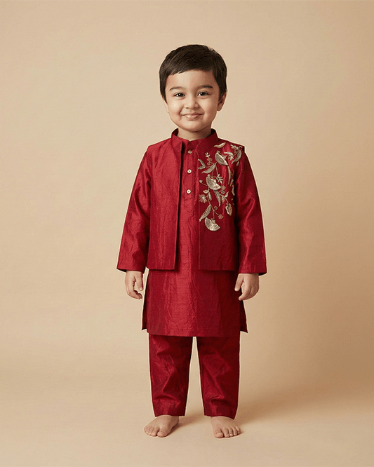 Maroon Dola Silk Kurta Pyjama Set for Boys with Embroidered Bandi - BYB PREMIUM