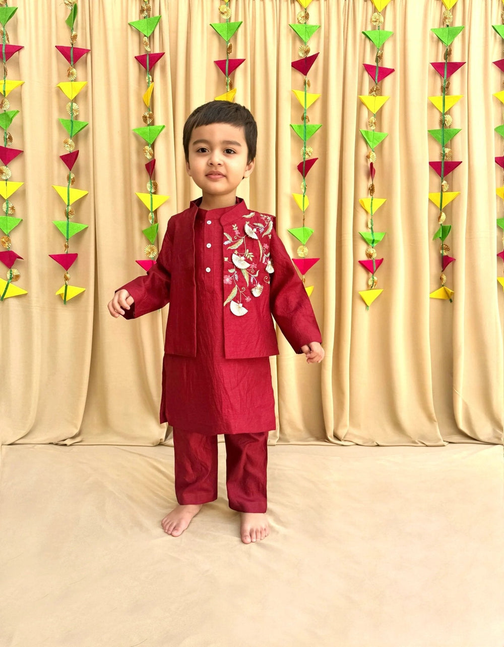 Maroon Dola Silk Kurta Pyjama Set for Boys with Embroidered Bandi - BYB PREMIUM