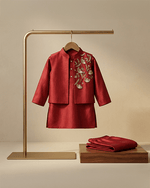 Load image into Gallery viewer, Maroon Dola Silk Kurta Pyjama Set for Boys with Embroidered Bandi - BYB PREMIUM
