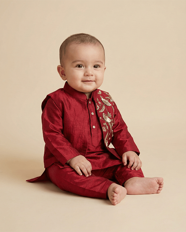 Maroon Dola Silk Kurta Pyjama Set for Boys with Embroidered Bandi - BYB PREMIUM