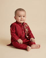 Maroon Dola Silk Kurta Pyjama Set for Boys with Embroidered Bandi - BYB PREMIUM