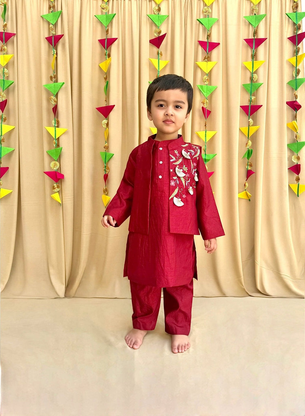 Maroon Dola Silk Kurta Pyjama Set for Boys with Embroidered Bandi - BYB PREMIUM