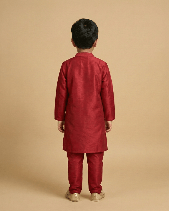 Maroon Dola Silk Kurta Pyjama Set for Boys with Thread & Mirror Work - BYB PREMIUM